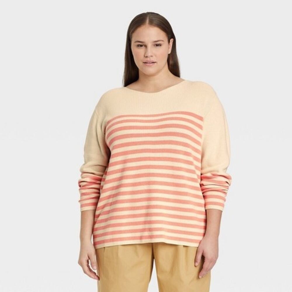 Who What Wear Sweater XXL Cream Coral Ribbed‎ Oversized Nautical Preppy Academia
